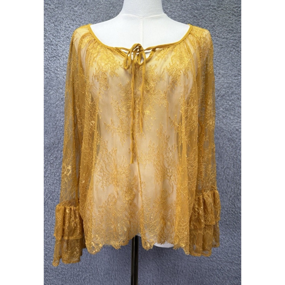 Womens XL Yellow Floral Lace Top Sheer Ruffle Sleeve Peasant Boho Fairycore - Picture 2 of 9